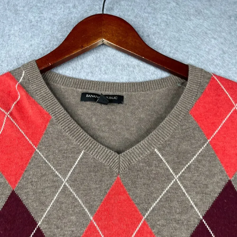 Banana Republic Sweater Casual Red Diamond Beige V Neck Mens Large Preppy